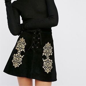 Free People Wild West Embroidered Suede Mini Skirt in Black and Gold. X-Small